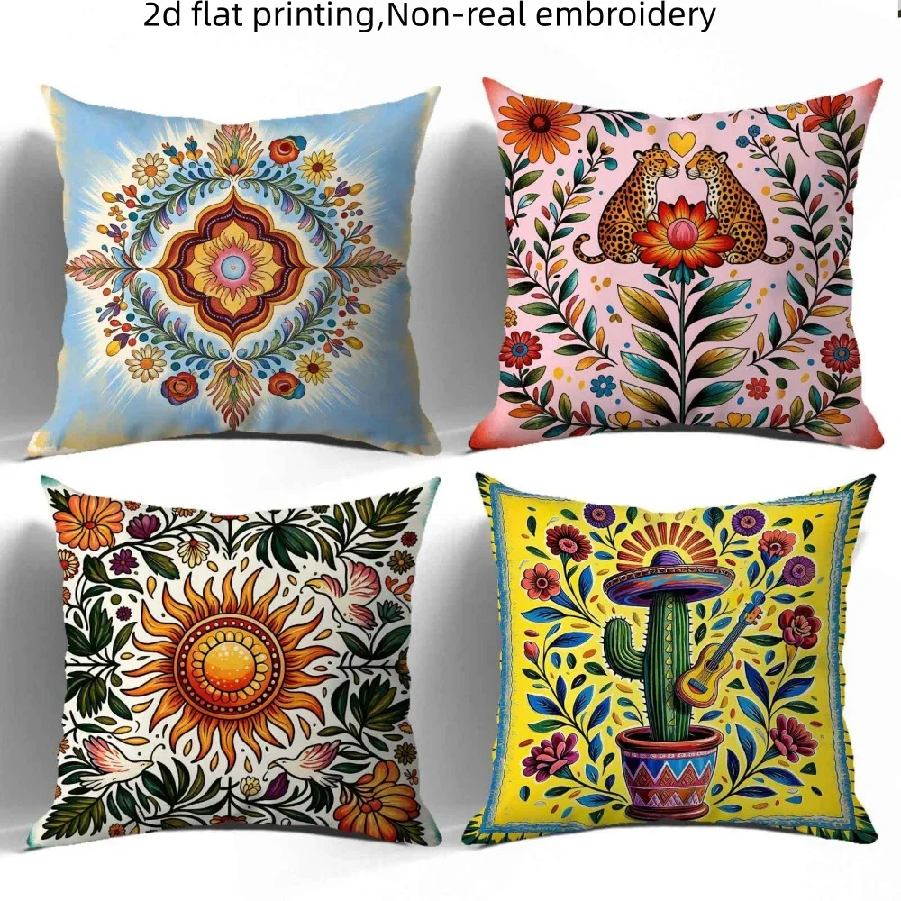 Set of 4 Decorative Throw Pillow Covers with Vibrant Floral, Sun, and Cactus Prints for Living Room Decor