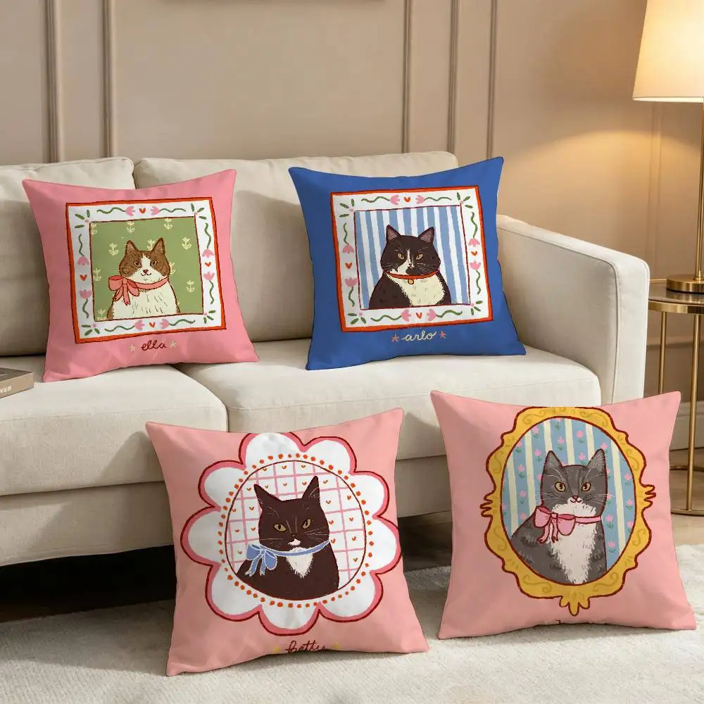 Cute caroon cat portrait photo frame fashion art soft Pillow Case for Sofa Living Room Home office Decor Protective Covers funda