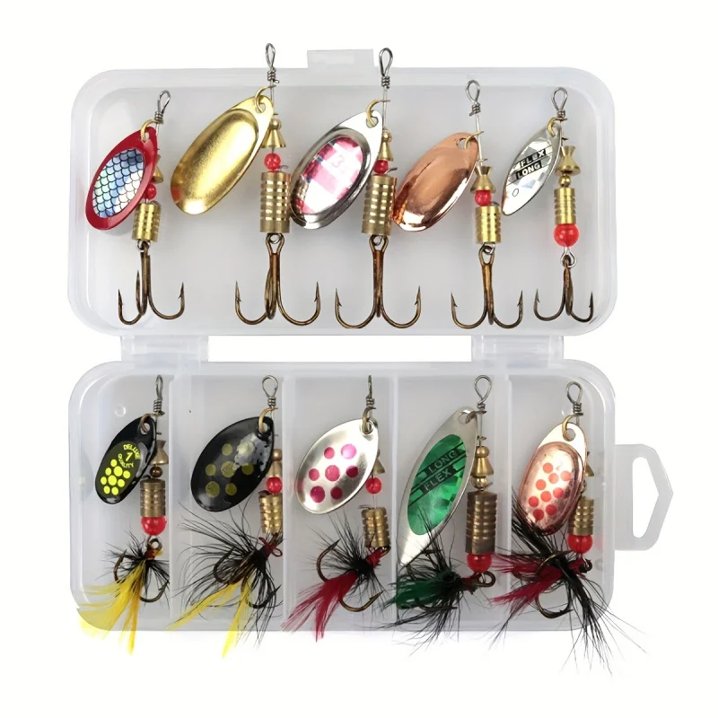 10 pçs kit de isca giratória de penas com caixa, iscas de pesca de gancho de alta cor, iscas artificiais realistas para truta, baixo