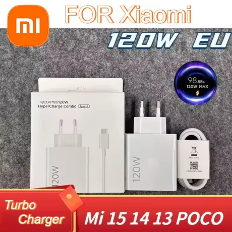 Carregador Super Turbo Original Xiaomi 120W EU US para Adaptador Xiaomi com Cabo USB Tipo C de 1M Mi 17 15 14 POCO F7 X8 X7 Pro Redmi Note