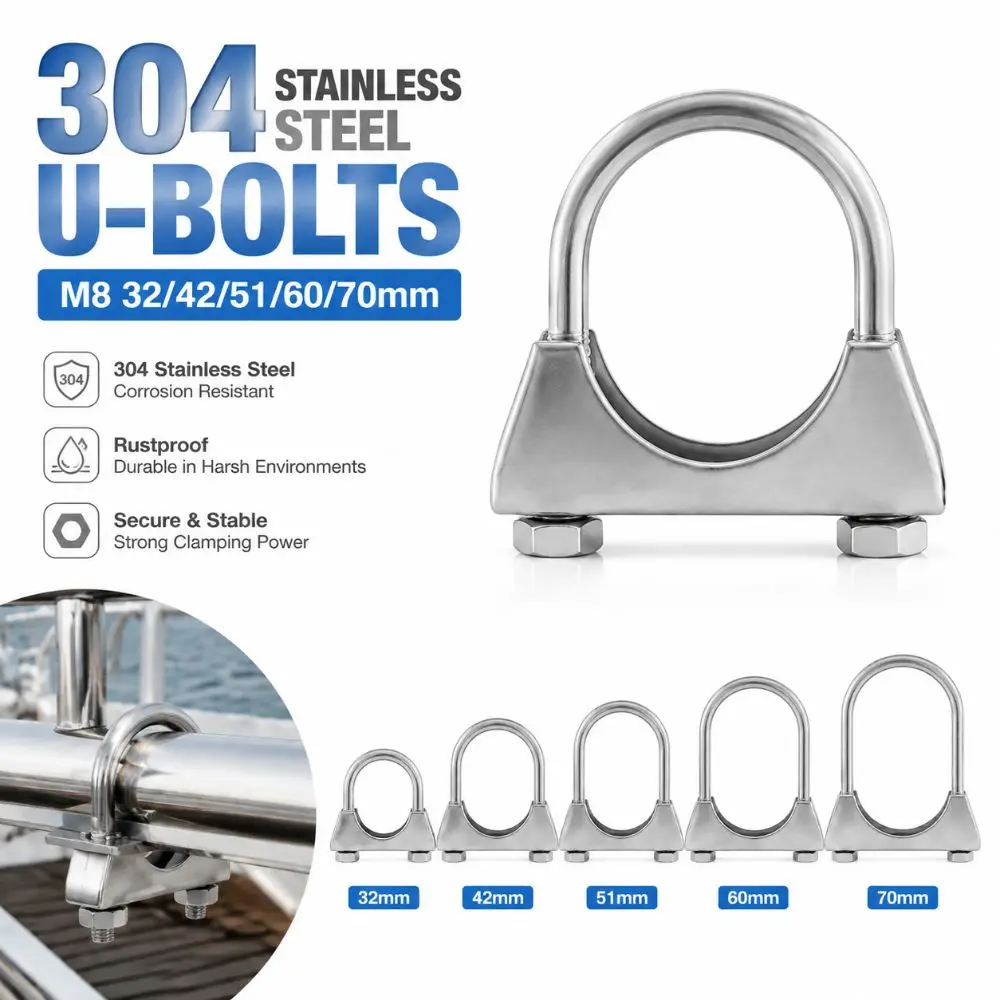 304 Stainless Steel Round Tube Steel Pipe Fastener M8 32/42/51/60/70mm Rust Resistant U-bolts Heavy Duty Durable