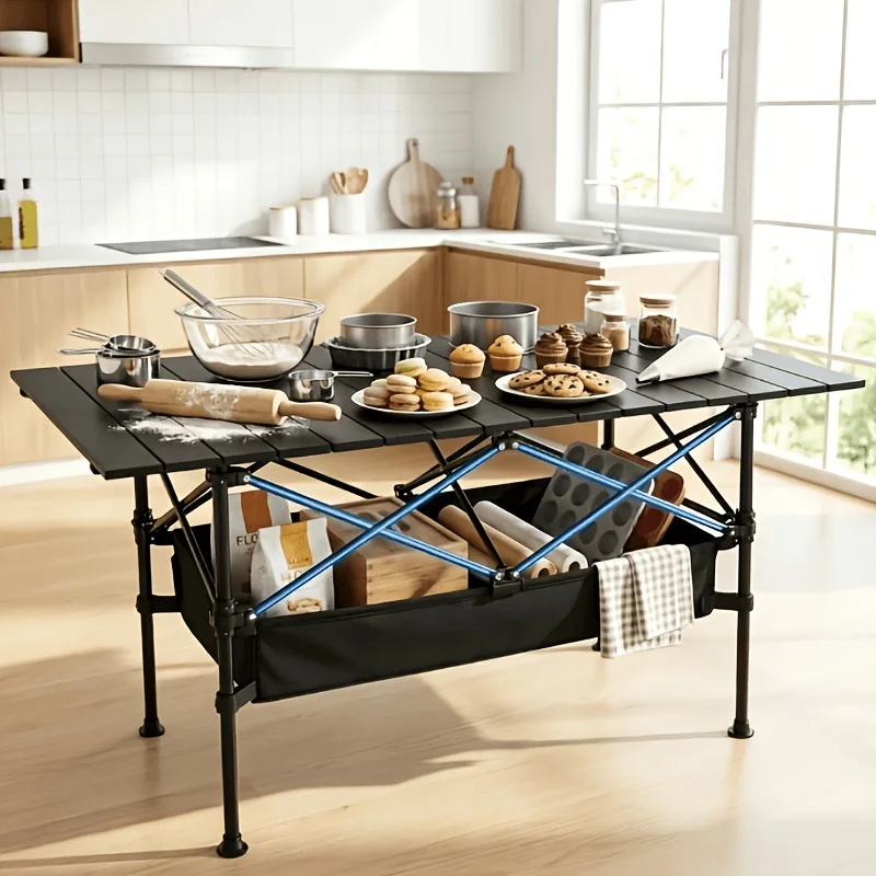 Height-adjustable Foldable Baking Prep Table with Storage Mesh Pocket, Multi-functional Foldable Outdoor Camping Kitchen Workbench, Height-adjustable Pastry Baking Work Table with Storage, Wide Tabletop with Storage Mesh Pocket