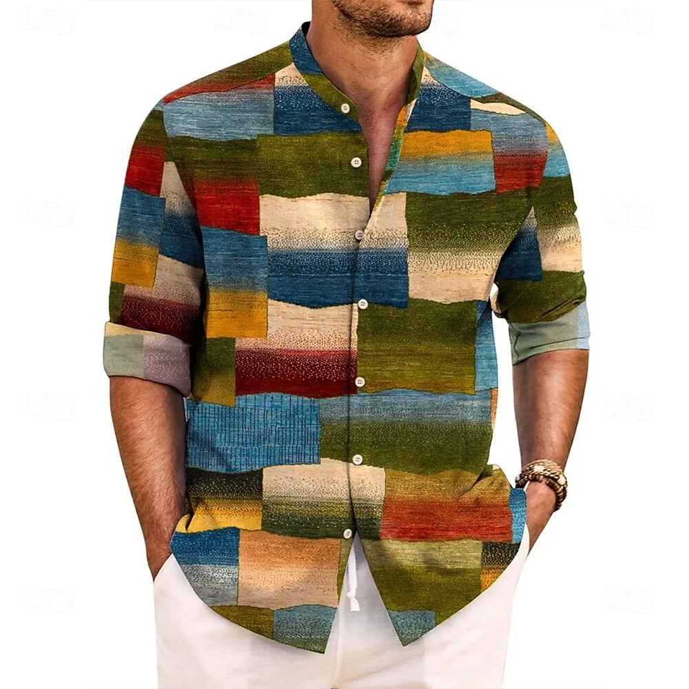 New men's long sleeved shirt casual fashion 3D color block printed button fold classic long sleeved shirt top