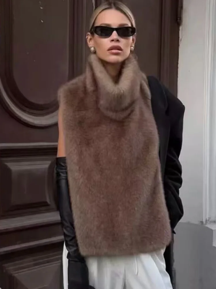 HH النساء شتاء دافئ عادية عالية الرقبة سترة دون أكمام الرجعية فو الفراء تأثير شال قصير المرأة موضة 3-Color الصلبة شال