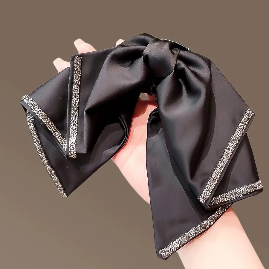 

French Retro Satin Bow Hair Clip Elegant Half Up Ponytail Shark Clasp for Women Back of Head Daily Black