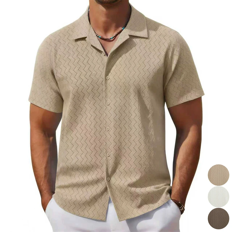 Cuban Collar Knitted Shirts For Men Short Sleeved Hollow Loose Fit Summer Quality Polyester&Spandex Breathable Camisas De Hombre