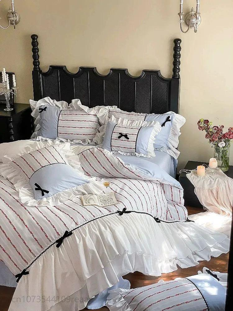 Korean Style Cotton Quilt Cover Set Ruffled Bow Tie Soft Bedding 4 Piece