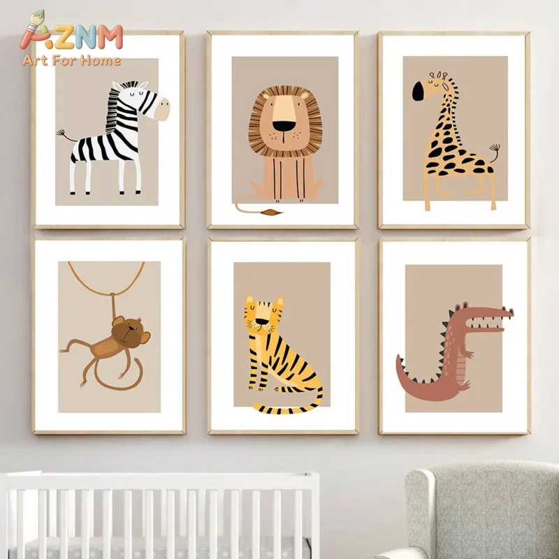 AZNM Neutral Safari Animal Canvas Wall Art Cartoon Zebra Lion Giraffe Monkey Tiger Crocodile Print Baby Nursery Unframed Canvas