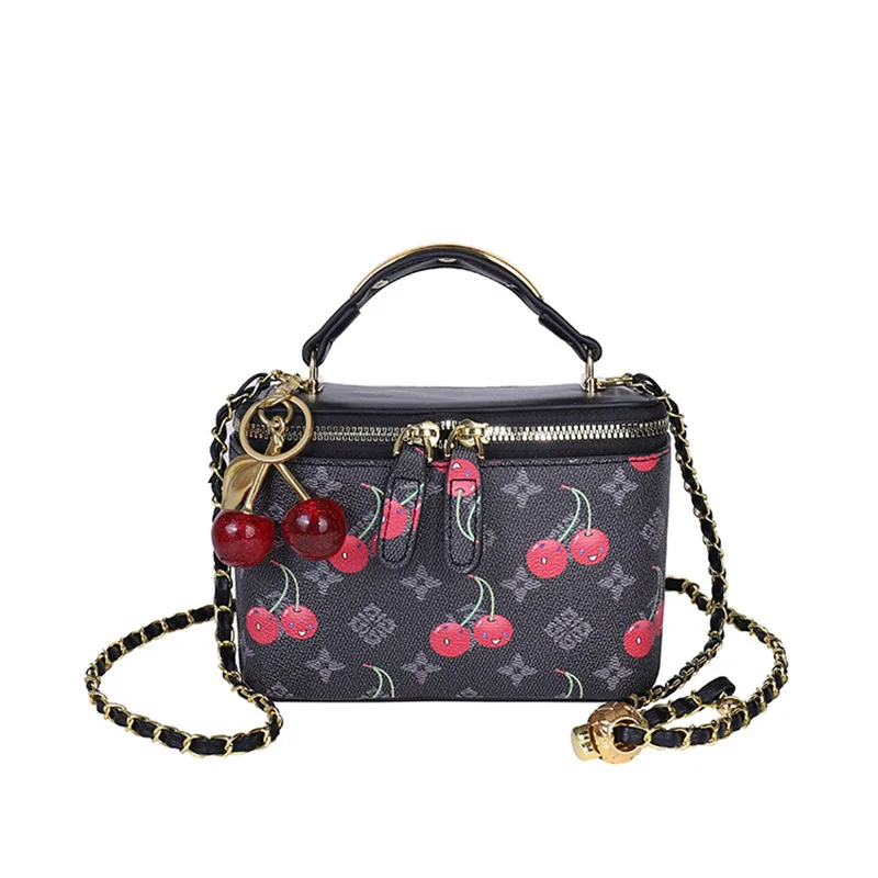 Cherry print mini square box bag new women's chain carrying crossbody bag retro printed fashionable small square bag top-handle