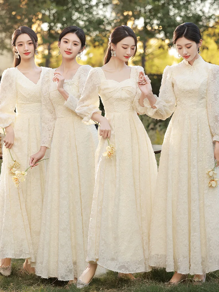 

Платье для подружек невесты цвета шампань с длинными рукавами, в корейском стиле, миди, в пол, из полиэстера, элегантное, для торжественных мероприятий.