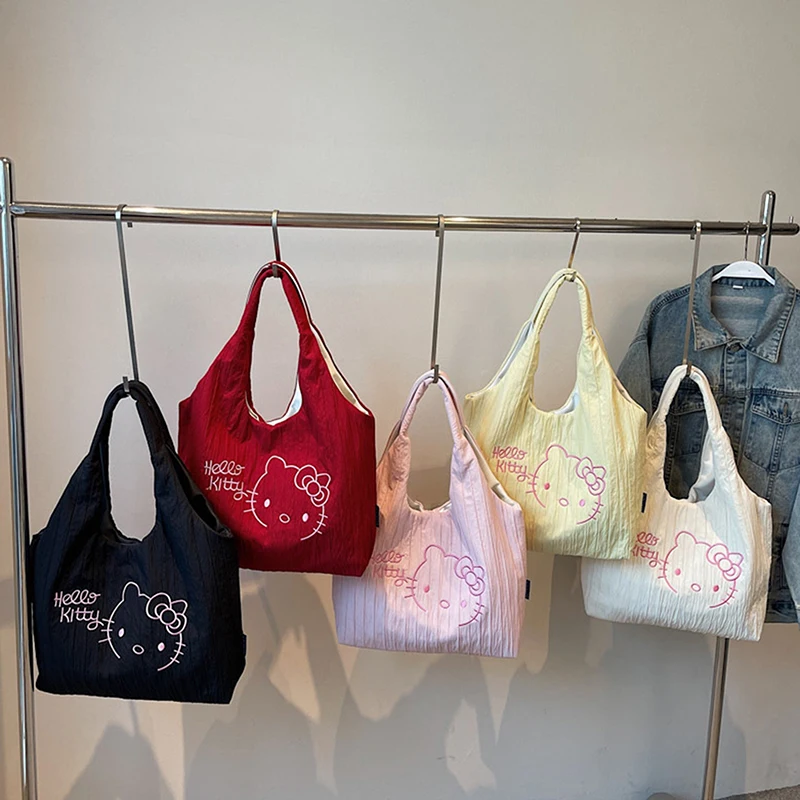 حقيبة يد نسائية مطرزة من Hello Kitty ذات سعة كبيرة وحقيبة كتف للطلاب للفتيات