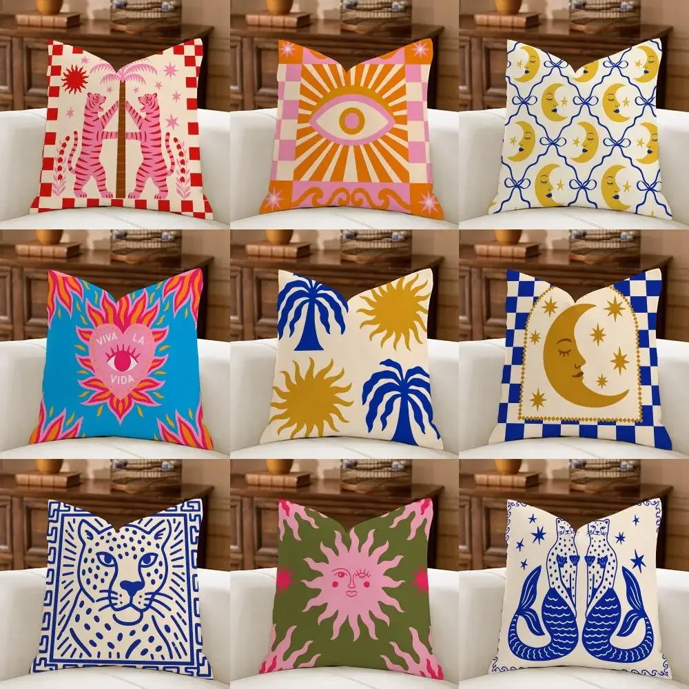 Sun Moon Cheetah Art Cushion Cover Natural Breathable Durable Linen Printed Decor Pillow Case Sofa Bedroom