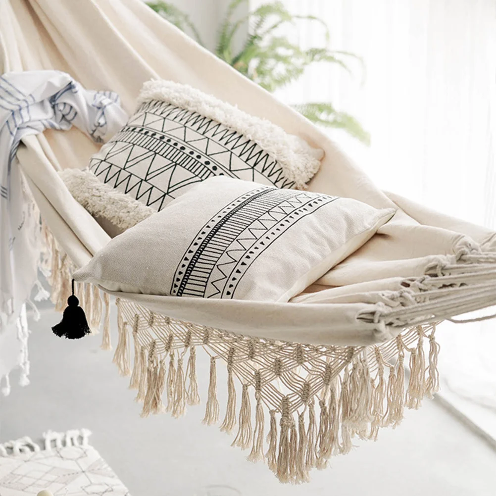 

Double People Tassel Canvas Hammock Outdoor Use Portable Fashion Canvas Hammock Hanging Sleeping Bed Swing Sleeping Bed