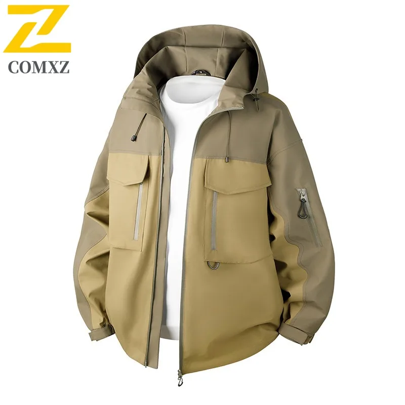 COMXZ 2025 Spring Color Block Hooded Jacket Mens Coat