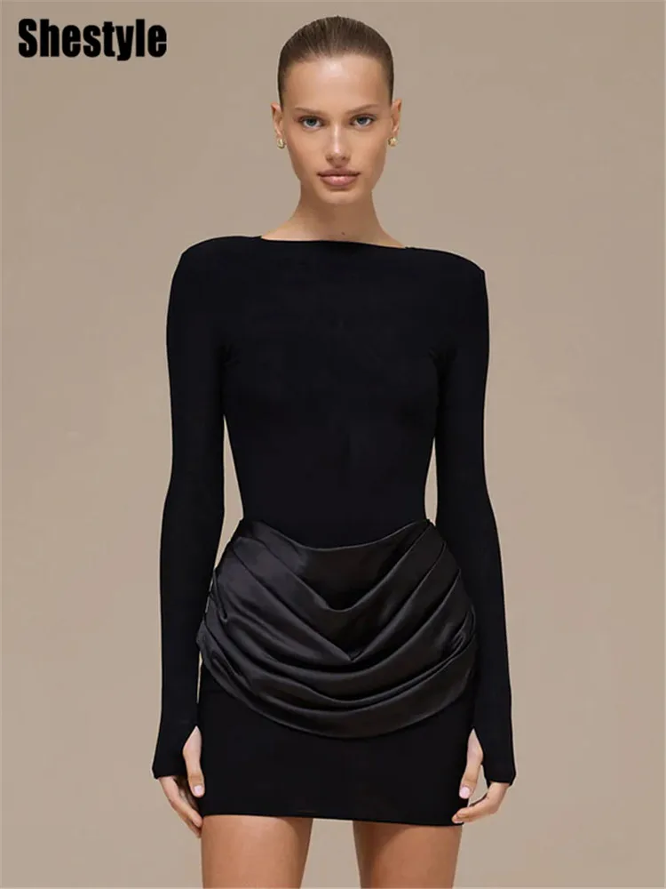 

Shestyle однотонное лоскутное женское платье с рюшами и круглым вырезом, эластичная повседневная модная одежда с длинными рукавами, 2026, элегантная фестивальная одежда