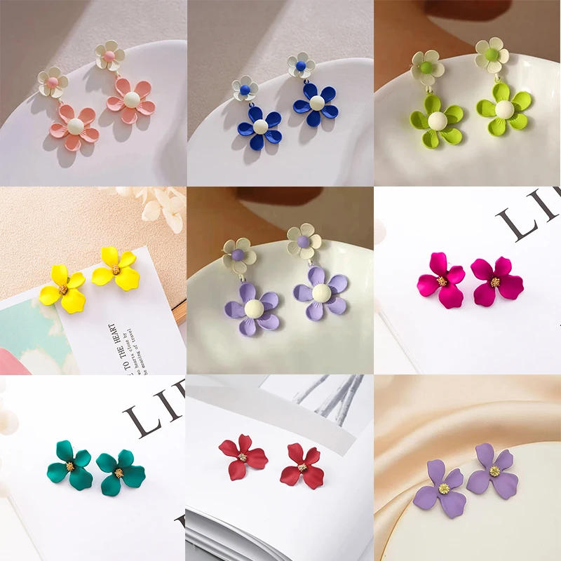 

Steel Fun Fashion Fresh Green White Flower Dangle Earrings for Women Korean INS Vintage Pink Green Little Daisy Drop Earrings