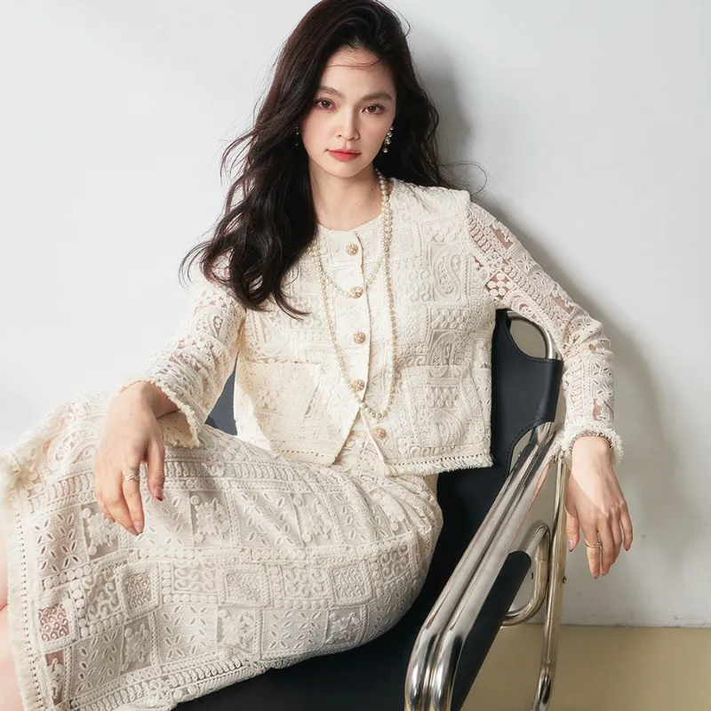 

Luxury Holiday Hollow Beige Fringed Skirt Suit Women