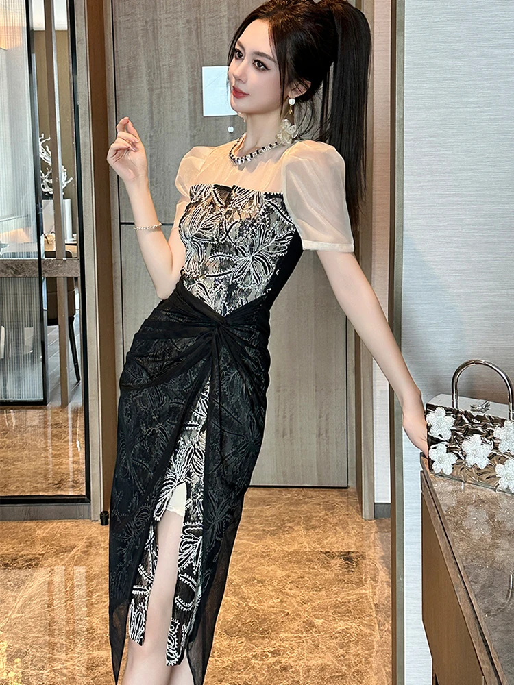 Vestido de fiesta francés de lujo para mujer, elegante, Sexy, con diamantes, malla transparente, encaje bordado, empalme, abertura larga, Vestidos de banquete