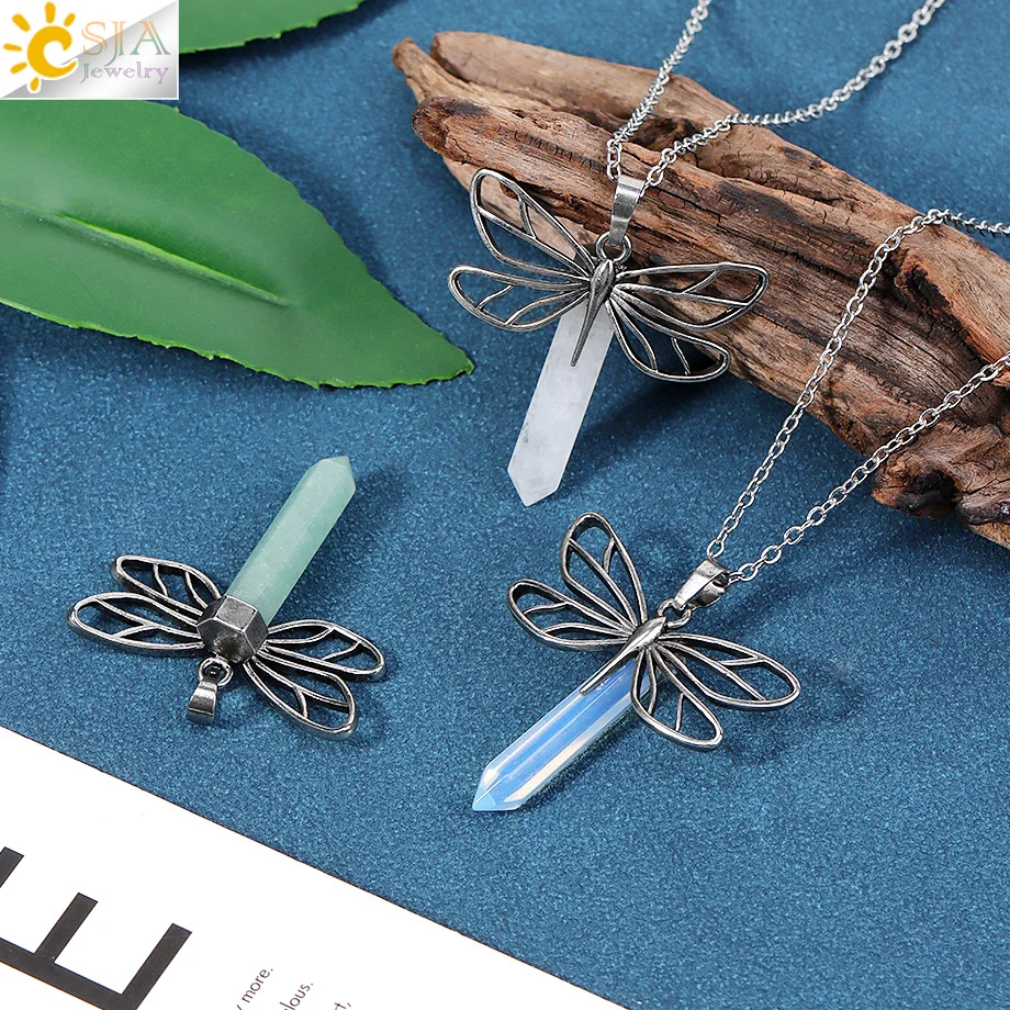 CSJA Crystal Dragonfly Pendants Necklaces Natural Stone Amethyst Rose Quartz Stainless Steel Hexagonal Necklace Jewelry H740