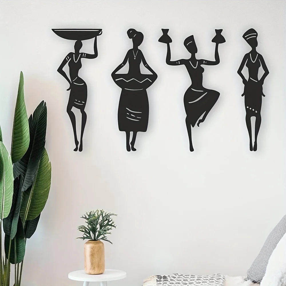 1pc Cultural Elegance with Intricate Details for Home Decor 4-Piece African Women Silhouette Metal Wall Art