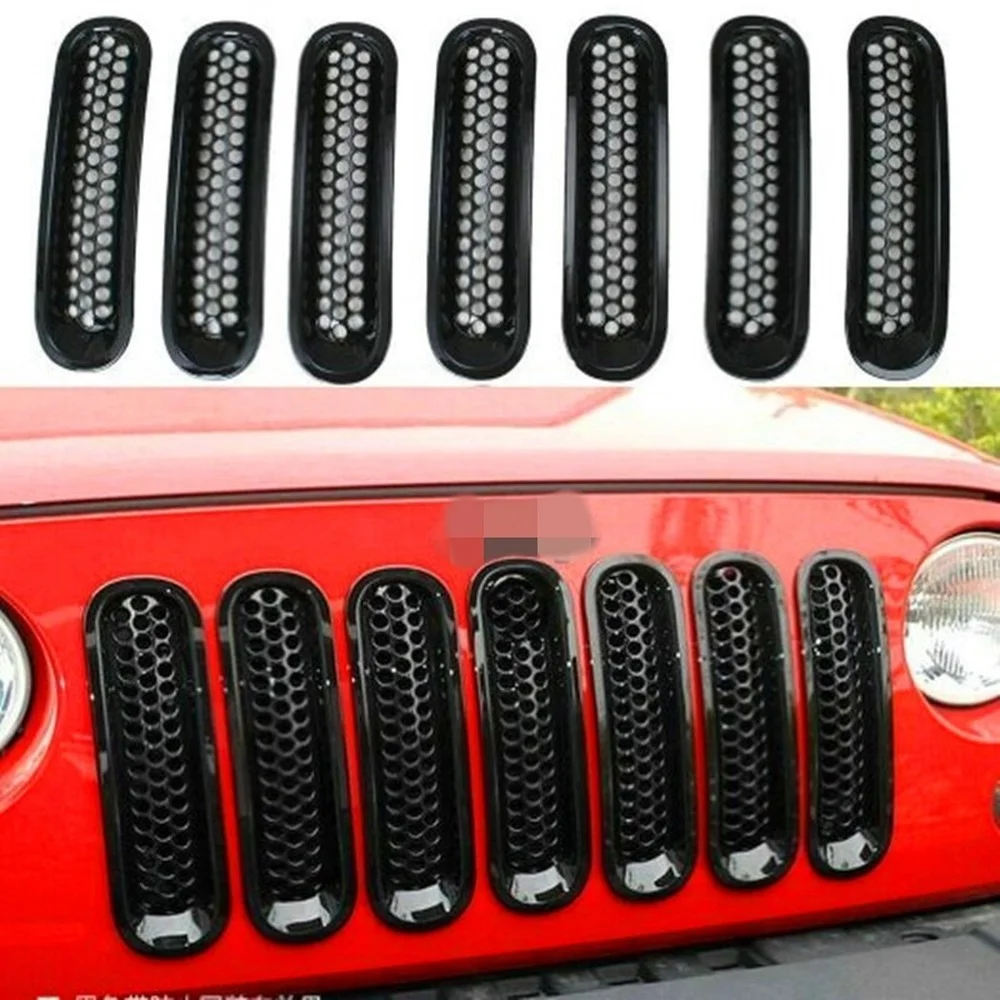 7pcs/set Grid Decorative Circle Front Grille Insert Mesh Light Circle for Jeep Wrangler Rubicon JK 2007-2017 Black