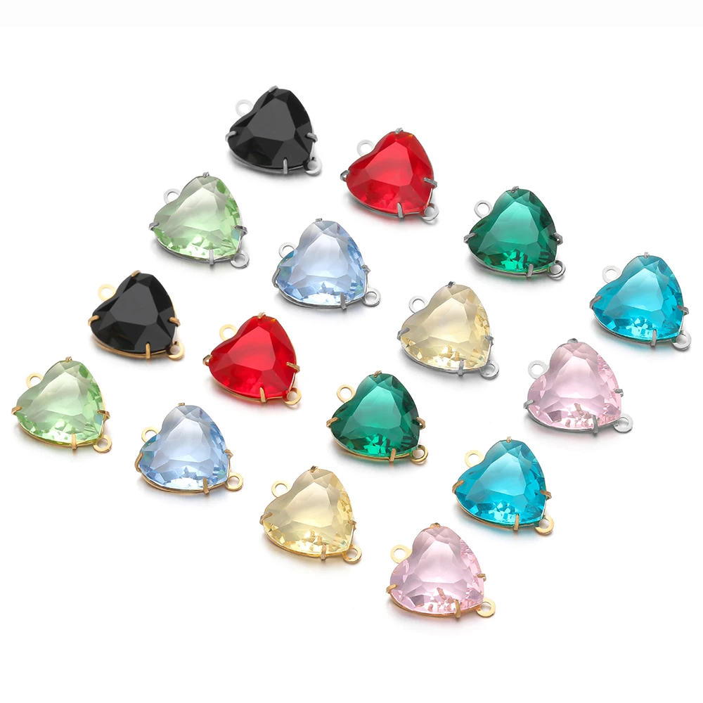 5Pcs Stainless Steel Glass Crystal Heart Double Hole Charms Pendants for DIY Jewelry Bracelets Necklaces Connectors Wholesale