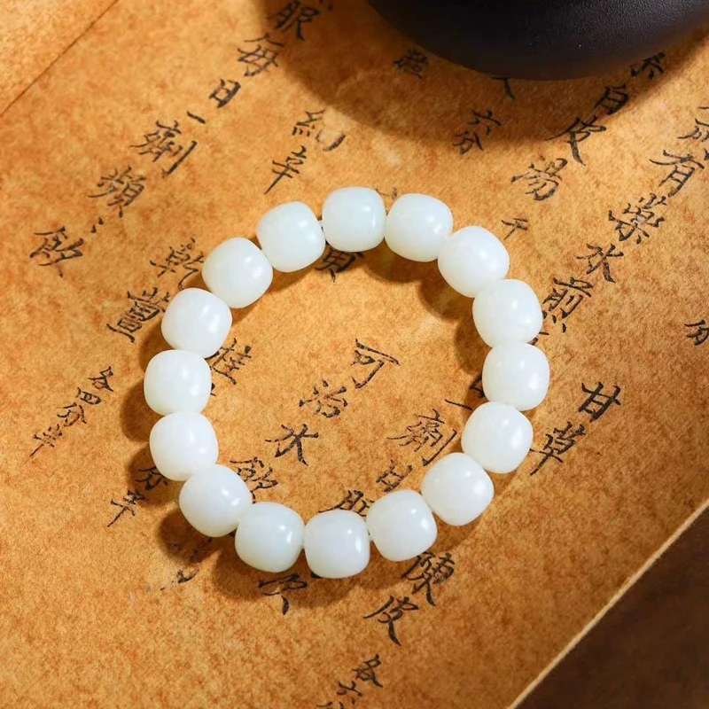 Natural Hotan Russian Material Sheep Fat Grade White Jade Old Style Bead Bracelet