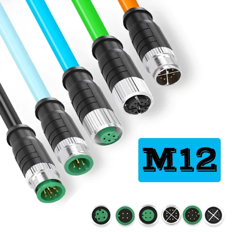 M12 Circular Connector 4 8 Core A D X Coded Male Female Plug Industrial Ethernet Cable IP67 Waterproof Shielded Automation Wire