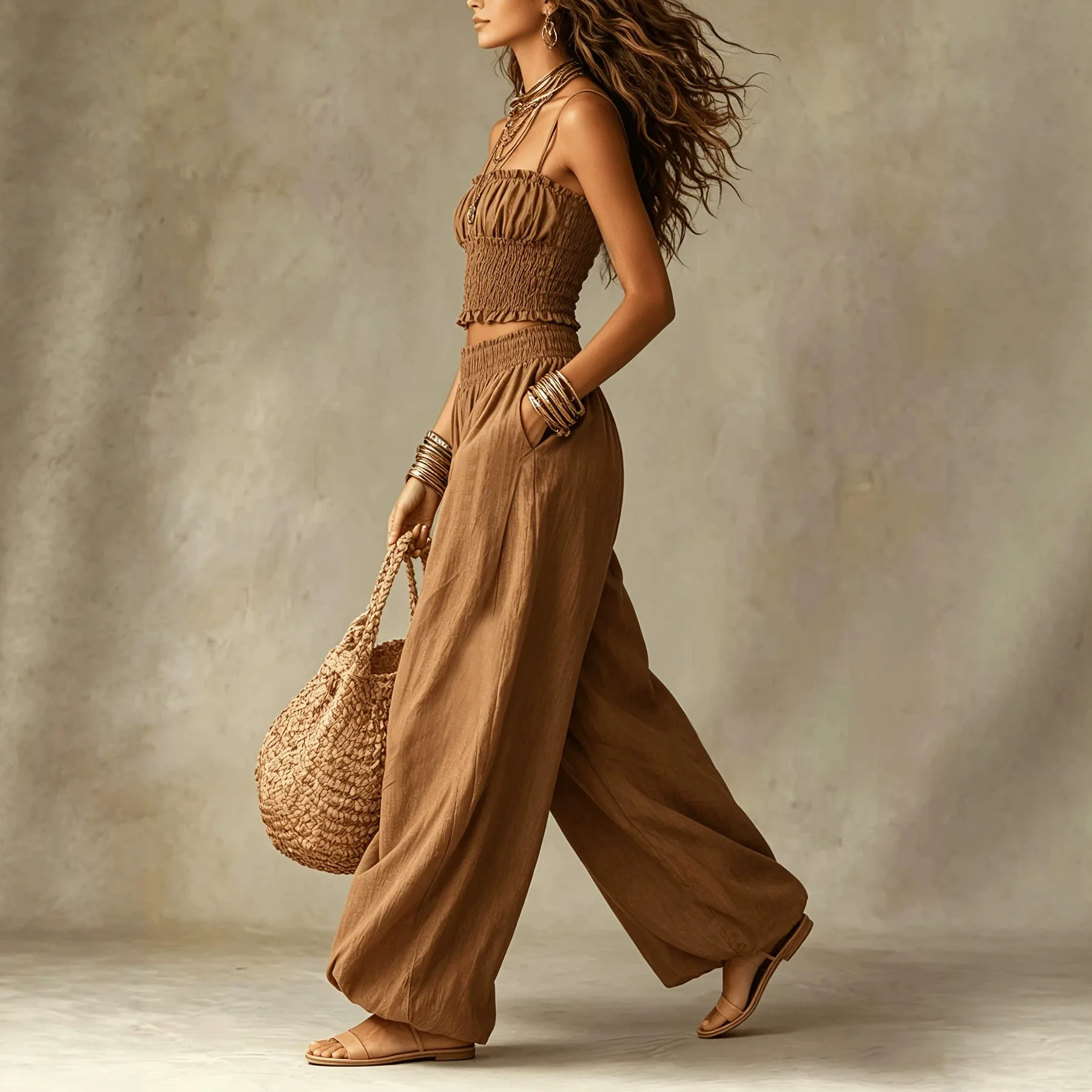 Elegant Short Wrap Chest Top And Lantern Pants Set Casual Holiday Two Piece Set Women's Spring Season Fashion from China