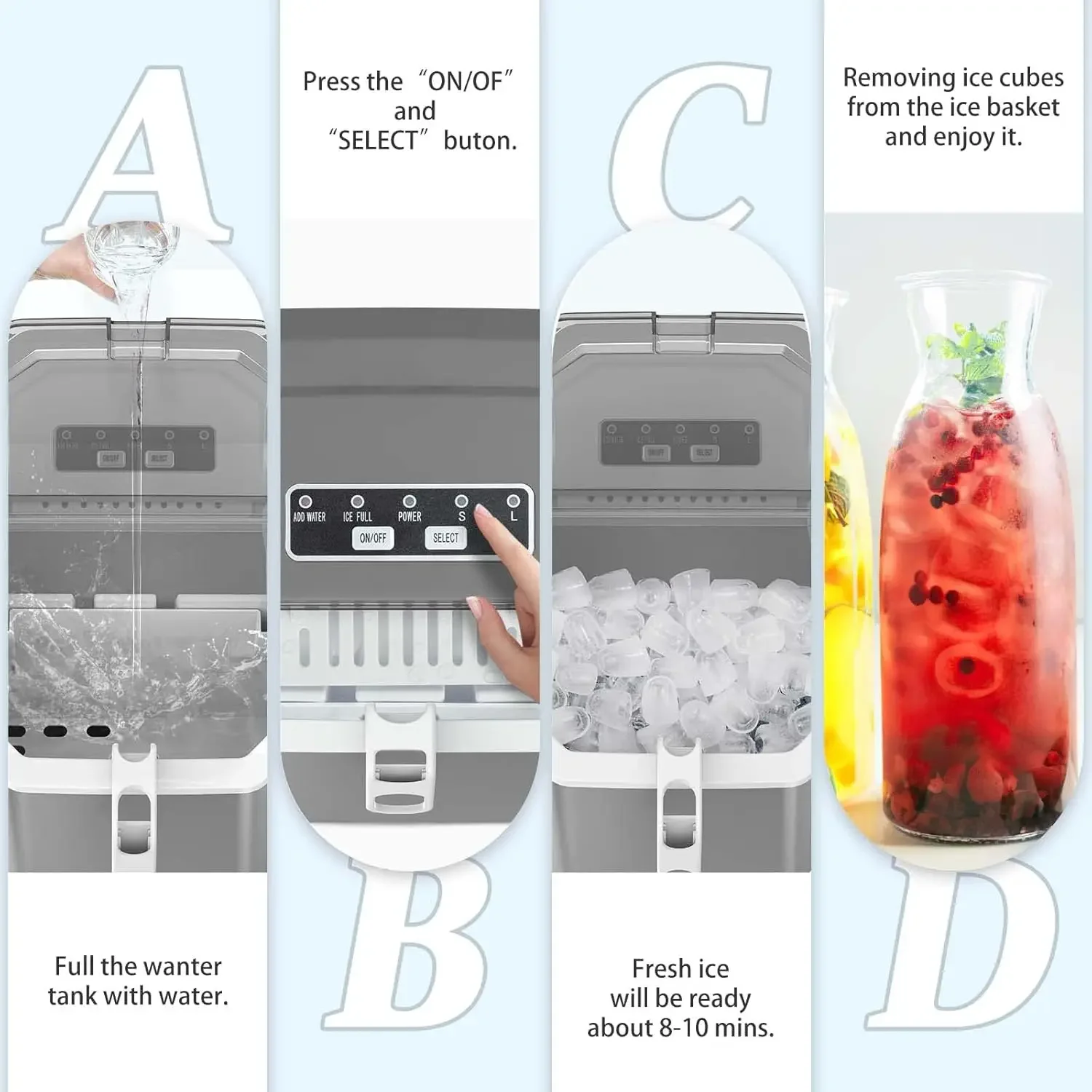 Máquina de hielo portátil para encimera, máquina de hielo con asa de transporte, autolimpieza, cesta y cuchara, 9 cubos en 6 minutos, 26,5 lbs/24hrs