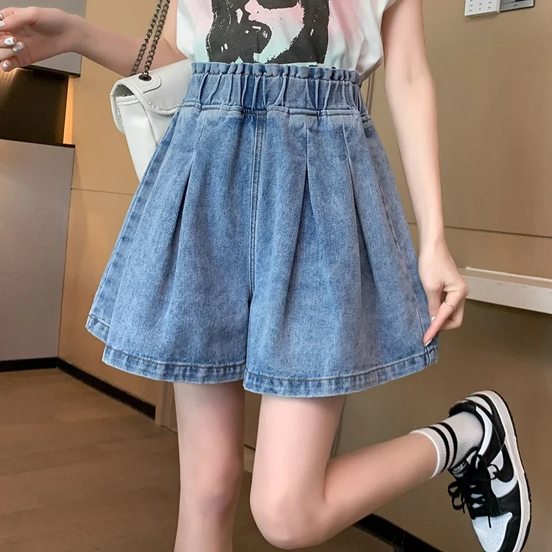 Korean Style Sweet Girl Wide Leg A-Line Denim Shorts For Women Chic Casual Loose Elastic Waist Pleated Skirt Denim Pants A242