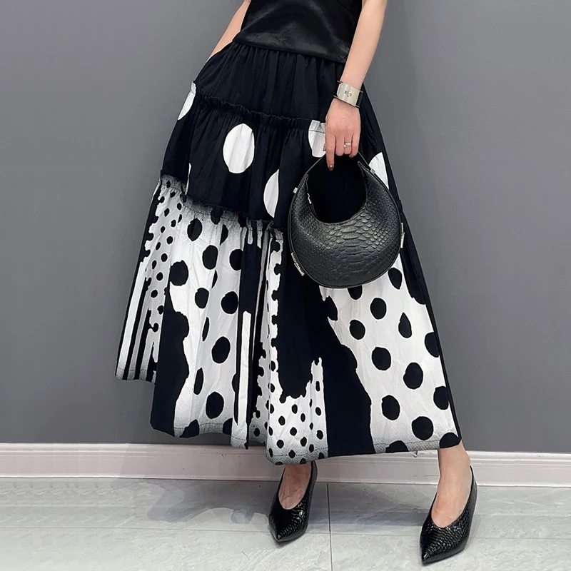 Elastic Waist A-Line Painted Fashion New Korean Style Woman Long Black Skirt Dots Printed Girls Casual Loose Fit Skirts JJSK037