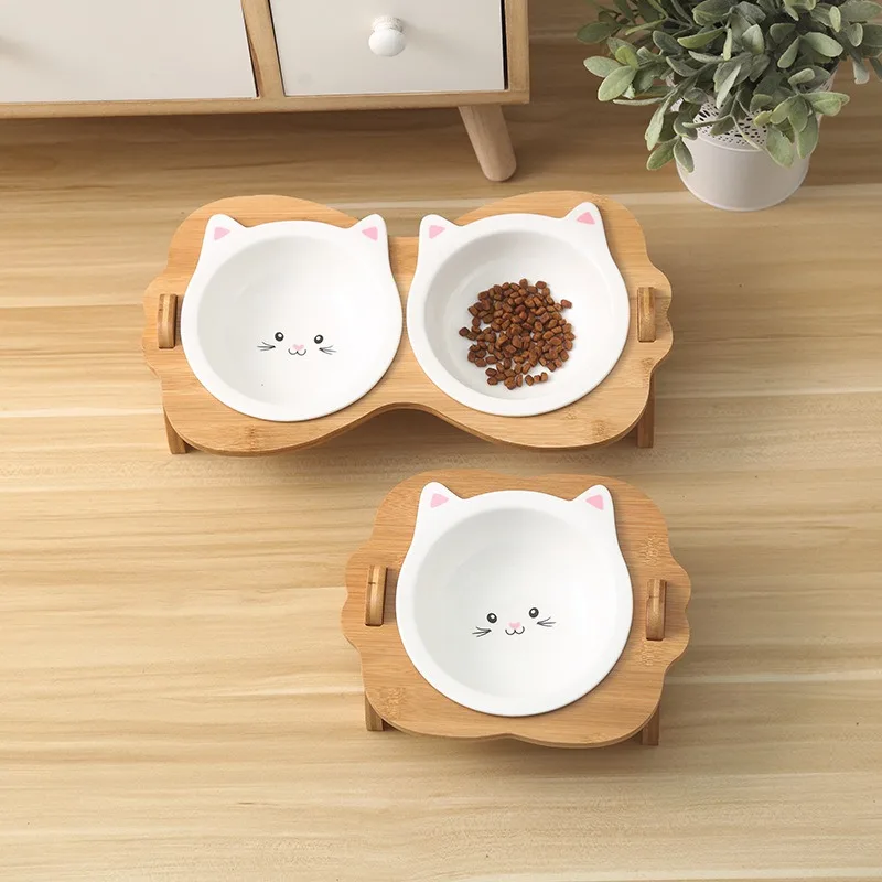 Cats Food Ceramics Bowl Pet Drinking Tableware Wooden Elevated Kitten Water Dispenser Puppy Feeder Container Removable Dog Bowls