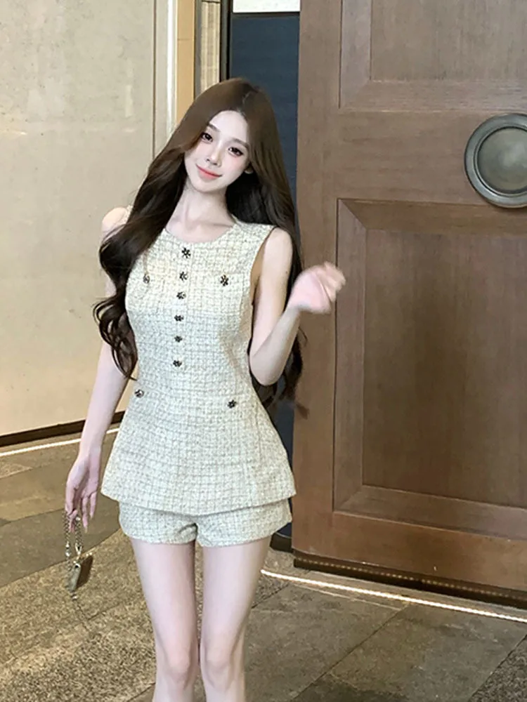 High Quality Luxury Tweed two Piece Pant Sets For Women Vest Tops + Shorts Sets Lady 2 piece sets women outfit conjuntos cortos