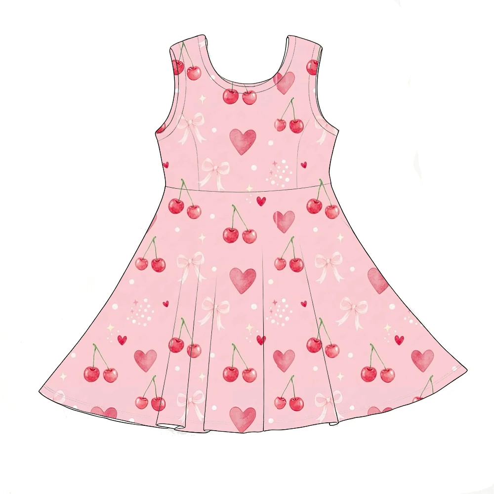 Boutique children's girls' dress Spaghetti strap fitted dress bow cartoon fruit cake print wholesal custom