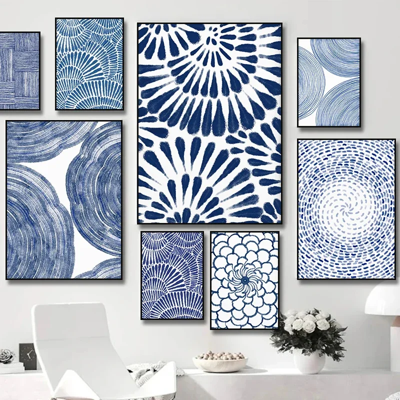 Multiple sizes 1pc frameless Canvas Painting Watercolor Blue Line Dot Flower Poster Canvas Painting Print Wall Art Minimalist fo