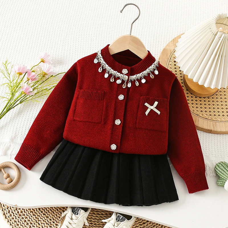 2025 New Autumn 2-6Yrs Children Clothes Set Long Sleeved Knitted Cardigan Coat+Short Skirt Baby Girl Knitted Clothes Suit