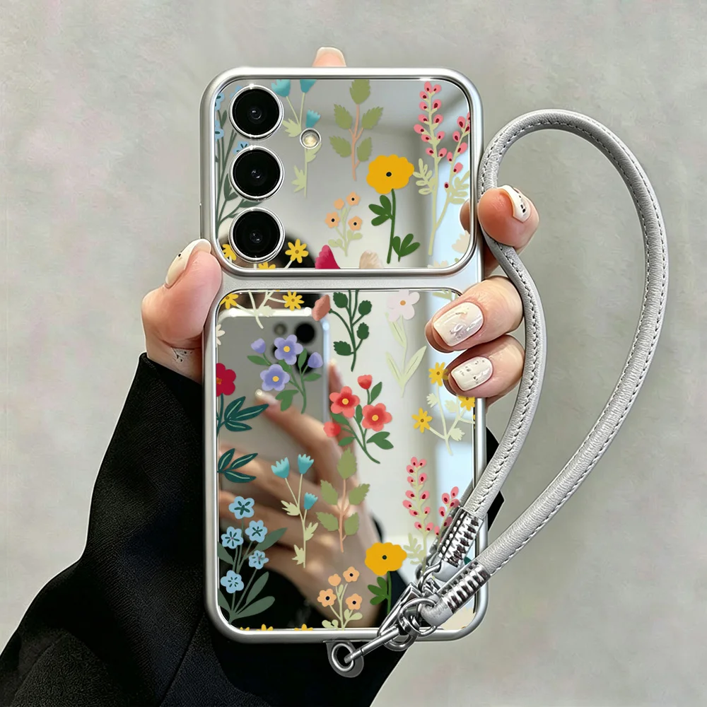 Flower Phone Cases For Samsung S26 S25 S24 S23 Ultra FE A57 A56 5g A16 A36 A37 A17 A07 A55 A26 Mirror Cover with Phone Lanyard