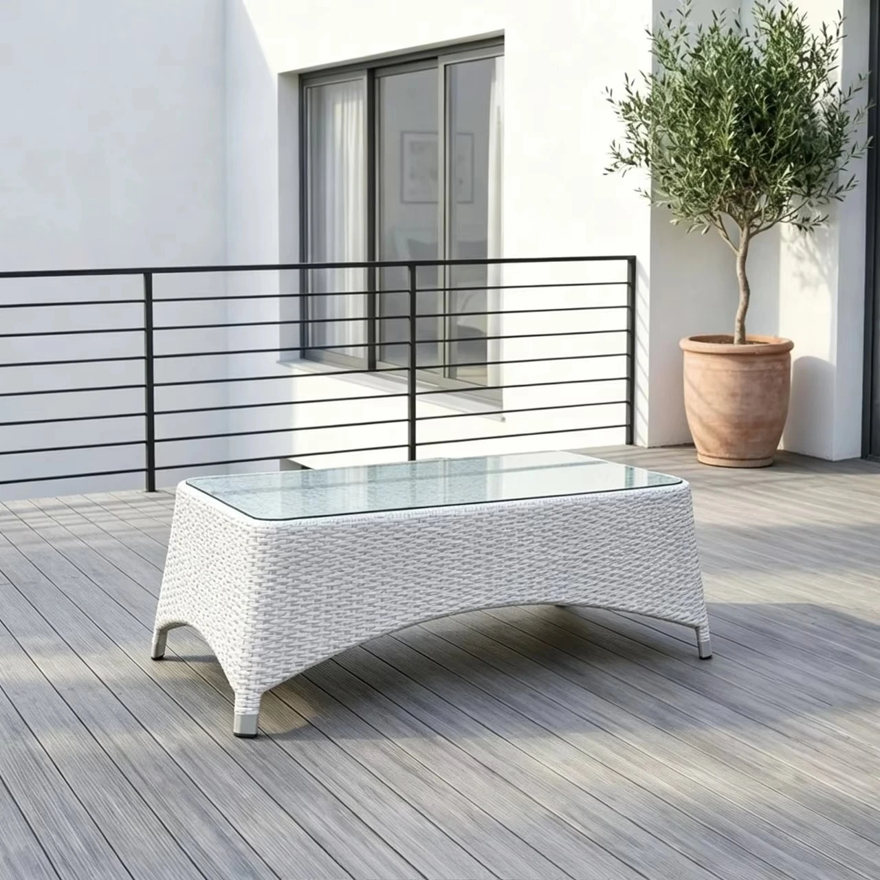 do- Edinburgh Rattan Aluminium Frame V Weaving Coffee Table with Glass Top for Outdoor Courtyard