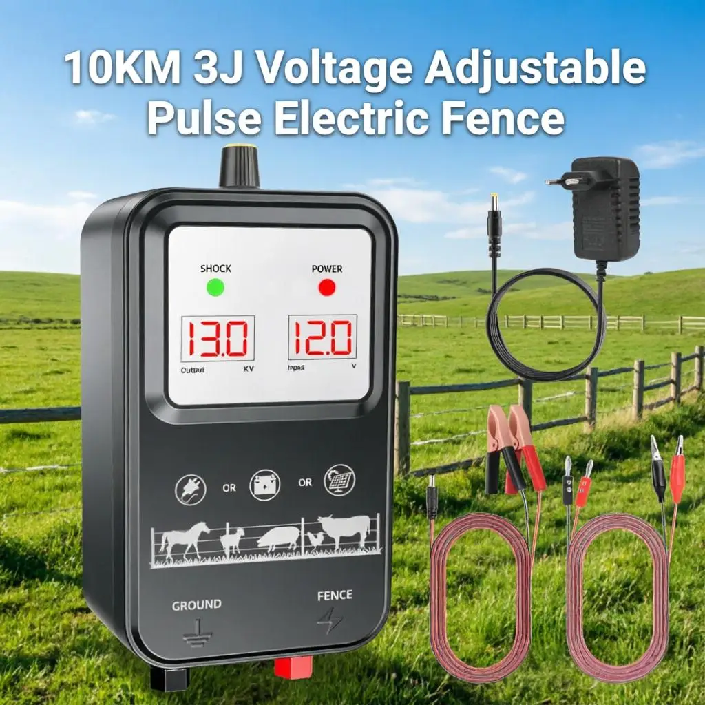 10KM 3J Adjustable Voltage Pulse Electric Fence Boost er for Cattle Sheep Horse Pasture Breeding An ti Wild Animals