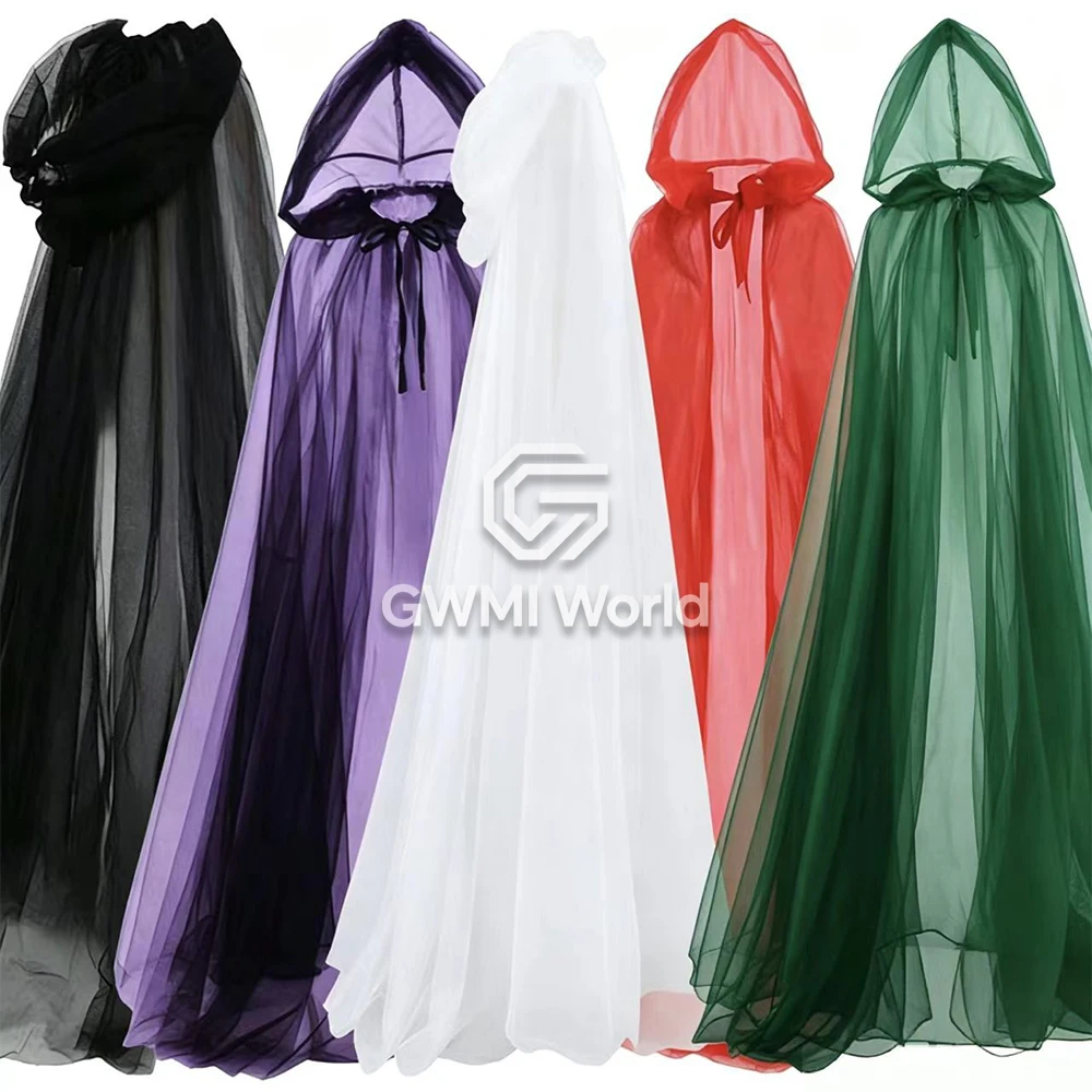 Women Sheer Tulle Hooded Long Cloak Witch Ghost Vampire Cape Halloween Carnival Party Cosplay Costume