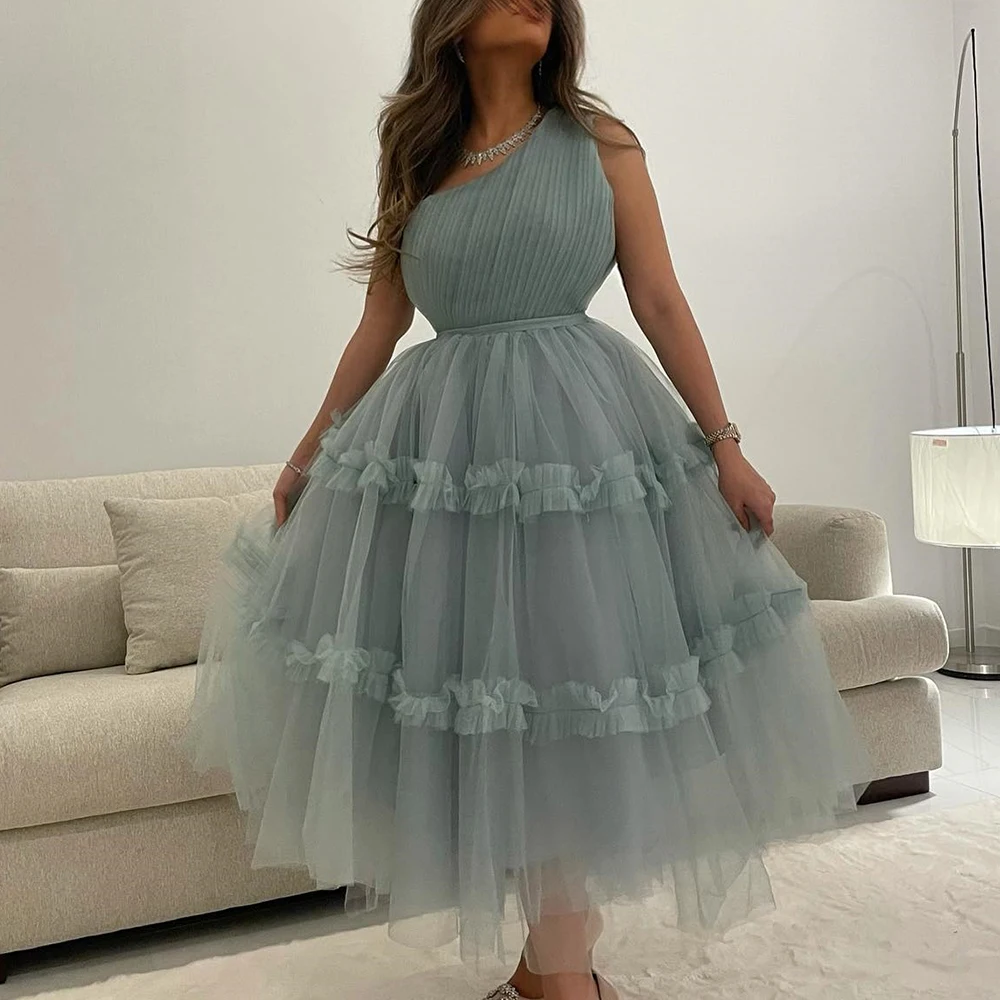 

Elegant Party Evening Dresses One Shoulder Tulle Ruffles See Through A-Line Pleats Asymmetrical Plus Size Dresses For Occasions