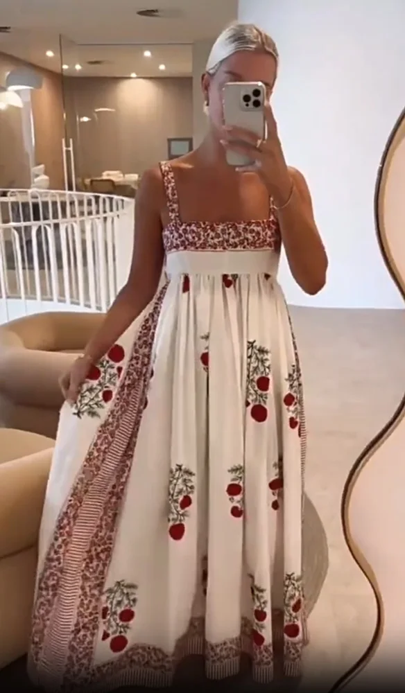 Square Neck Splice Floral Print Swing Maxi Cami Dress For Women Summer Backless Off Shoulder Sling Dress Vacation Beach Vestidos