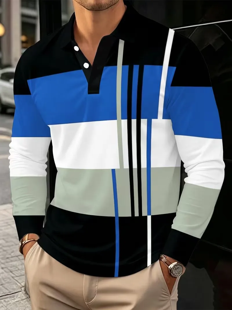 Autumn men's long sleeved fashionable POIO shirt, 3D printed striped flip tie button long sleeved T-shirt, top