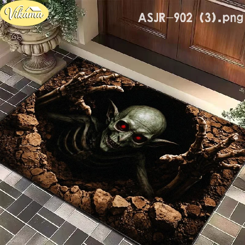 VIKAMA Halloween Door Mat Skeleton Breaking Ground Red Eyes Print Soft Non Slip For Front Door Entryway Porch Decor