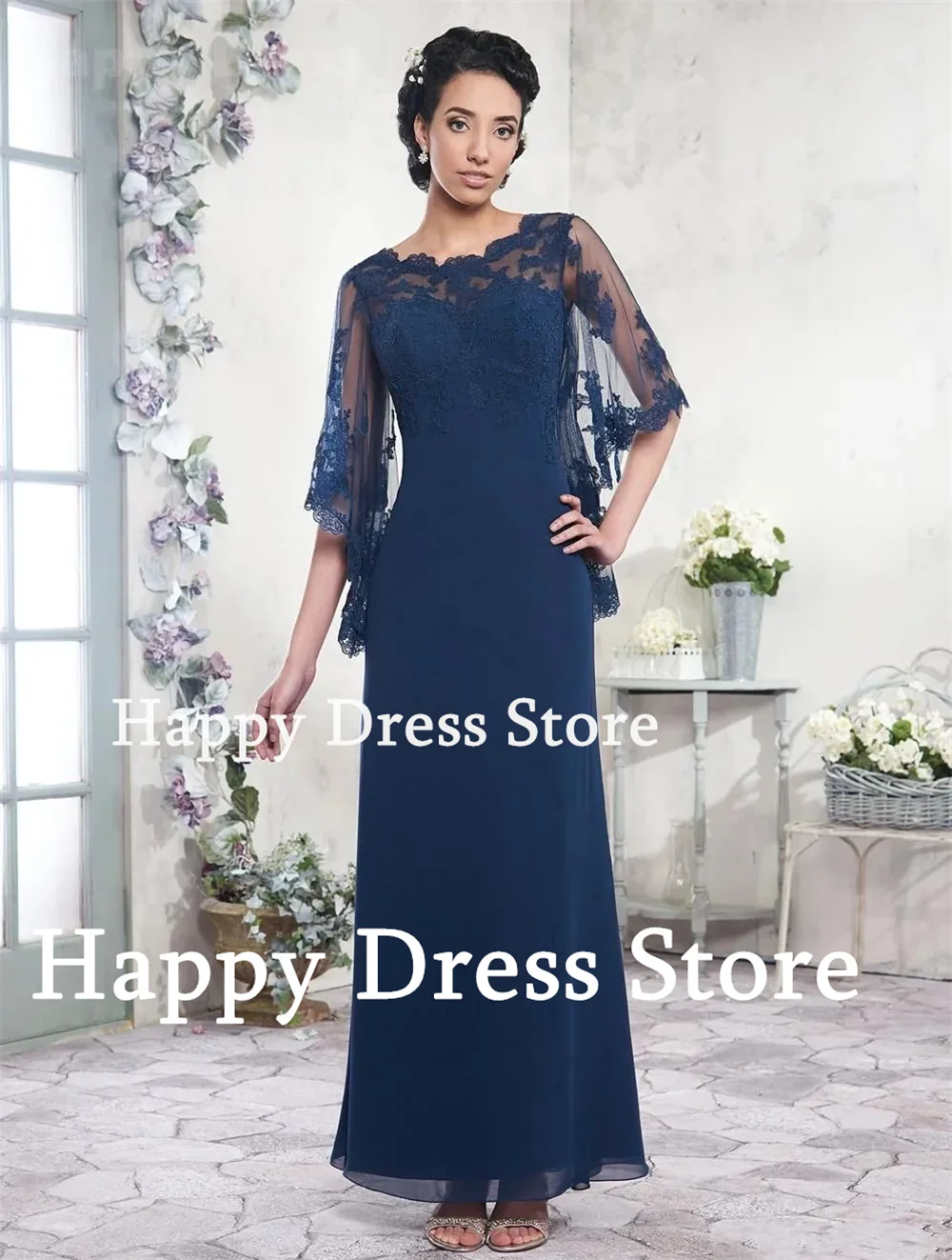 Elegant Navy Blue Lace Chiffon Mother of the Bride Dress – Formal Evening Gown with Sheer Sleeves, Perfect for Weddings and Spec