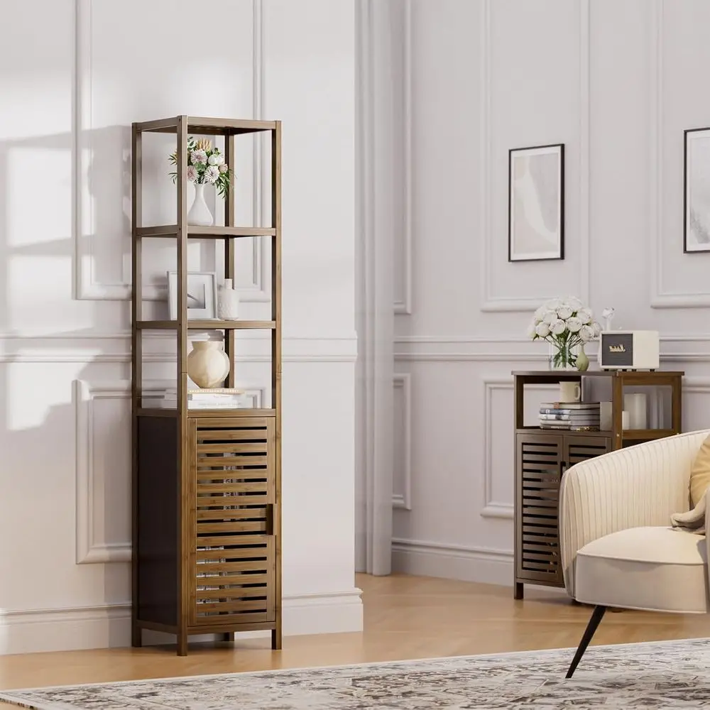 Mobiletto a 6 Ripiani in Bambù e Noce per Stoccaggio Salvaspazio con Ripiani Rimovibili