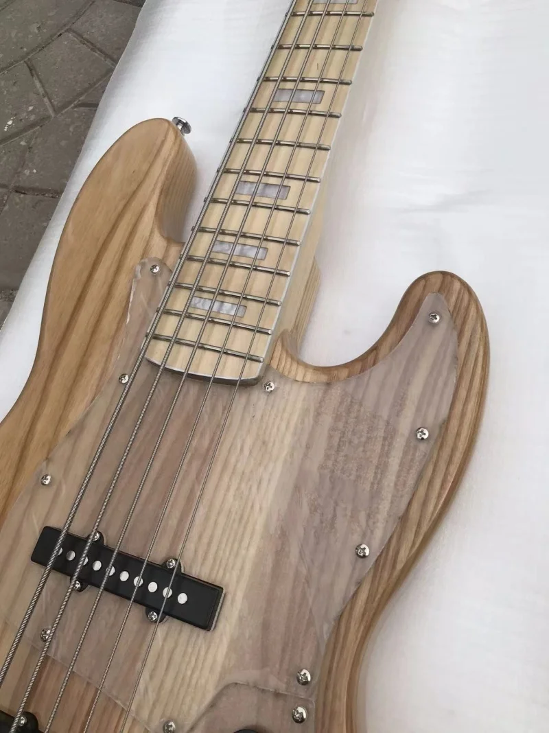 Factory 5-string electric bass，Ash wood natural color body，Transparent pickpocket，Active electronics，Customizable, free shipping