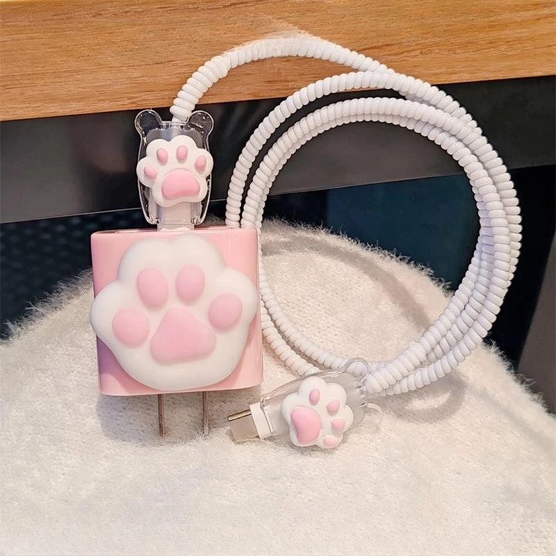 Cute Pink Cat Claw Cable Protector Set for iPhone 18/20w Charger Charger Head Protective Case Data Line Anti Breaking
