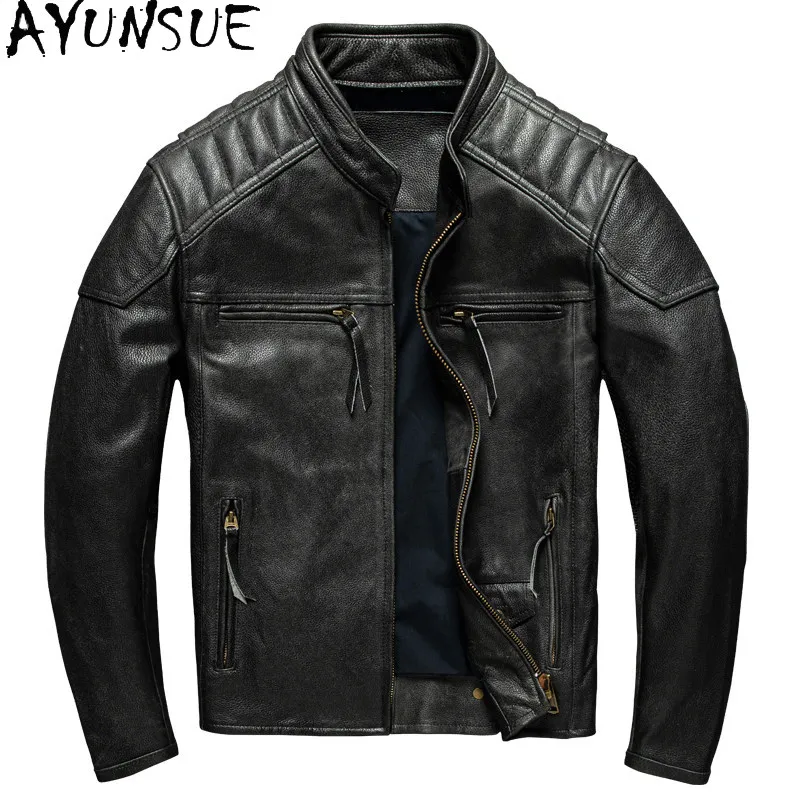 

AYUNSUE 100% Genuine Leather Jacket Men Vintage Real Top Layer Cowhide Leather Coat Retro Motorcycle Jackets Chaquetas Hombre